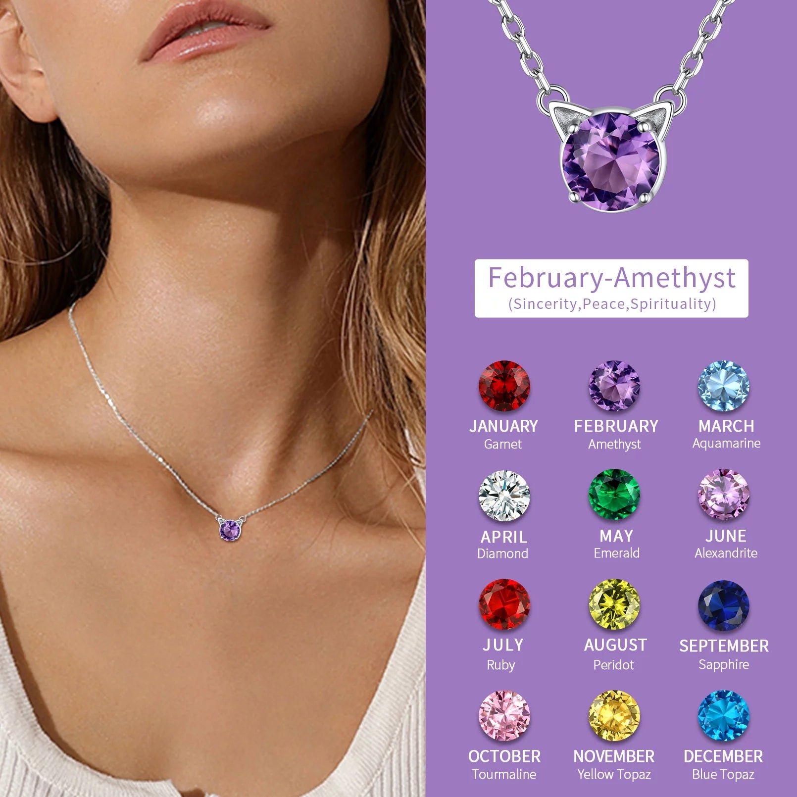 925 Sterling Silver Cute Cat Necklace with Birthstone Pendnat Hypoallergenic Jewelry Gifts for Women Cats Lovers Best Friend Sister Mom Wife Valentines Mothers Day Christmas Birthday