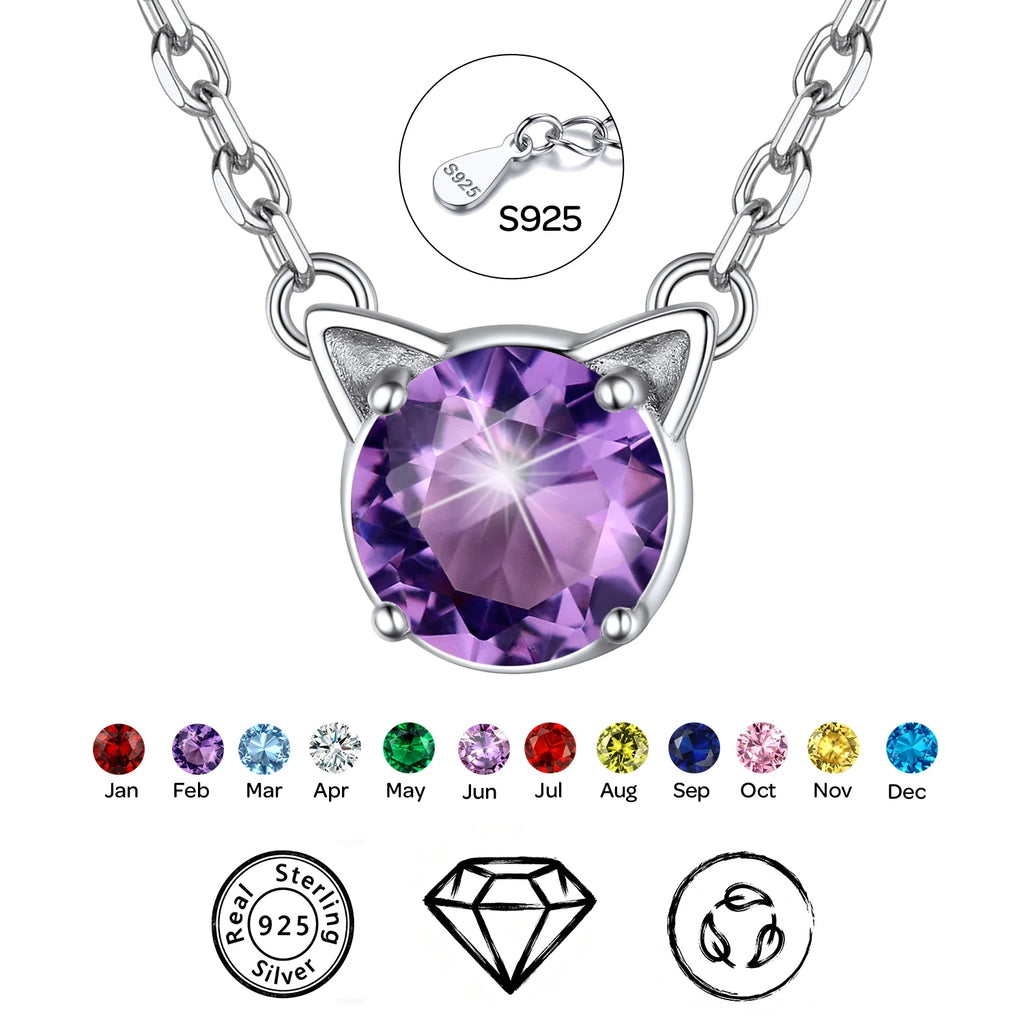 925 Sterling Silver Cute Cat Necklace with Birthstone Pendnat Hypoallergenic Jewelry Gifts for Women Cats Lovers Best Friend Sister Mom Wife Valentines Mothers Day Christmas Birthday