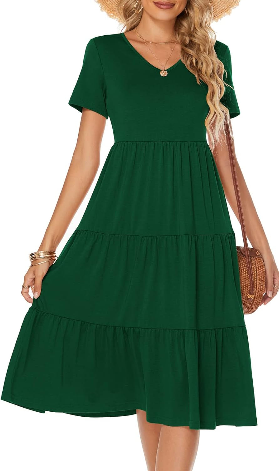 Women'S Casual Summer Tiered Midi Dress 2025 Short Sleeve V-Neck Loose Cotton Ruffle Babydoll Dress Boho Sundress